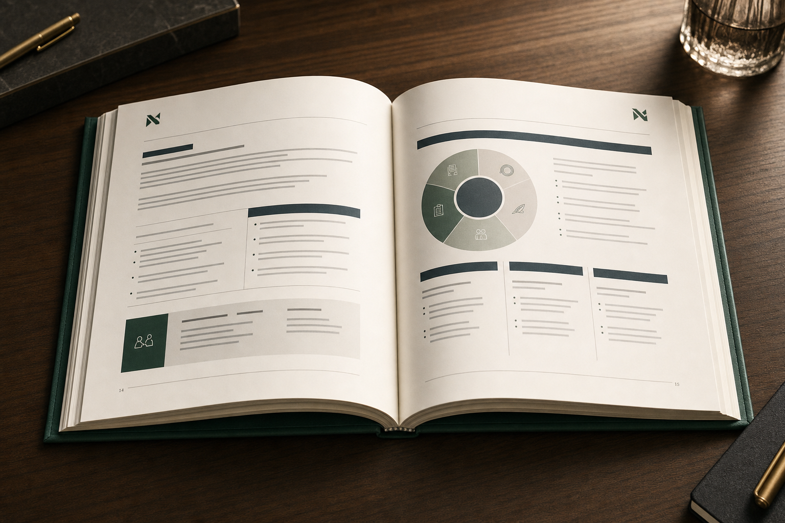 An open custom-bound Strategic Capital Playbook on a desk